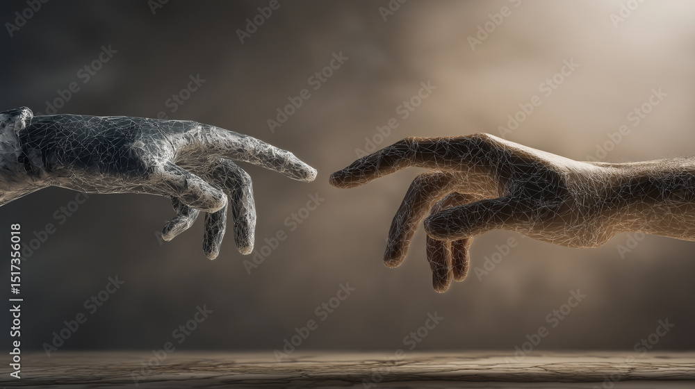 Fototapeta premium Digital representation of a human hand and a robotic hand reaching toward each other in symbolic connection. 