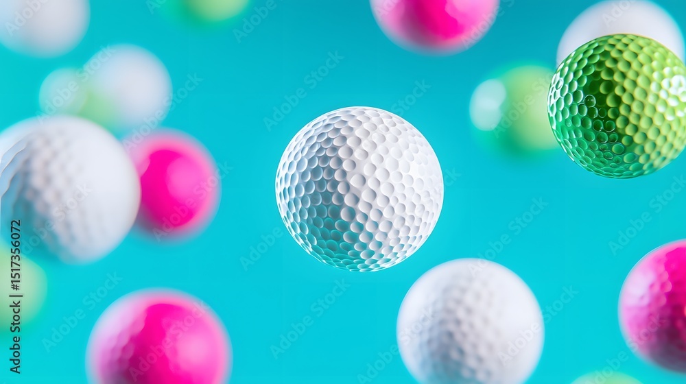 Fototapeta premium Colorful golf balls in mid-air against a teal background.