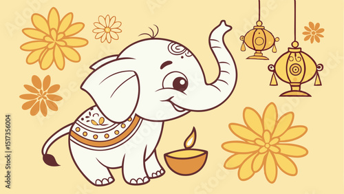 Festive Ganesha Vector Illustration A vibrant vector illustration capturing Lord Ganesha during a festival, surrounded by marigold flowers and traditional lamps against a golden background