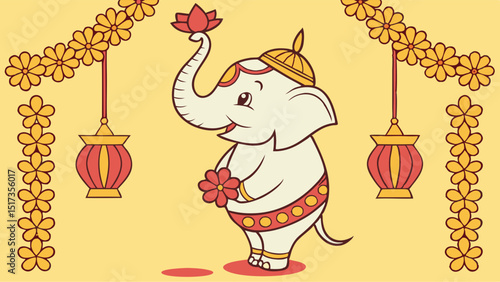 Festive Ganesha Vector Illustration A vibrant vector illustration capturing Lord Ganesha during a festival, surrounded by marigold flowers and traditional lamps against a golden background