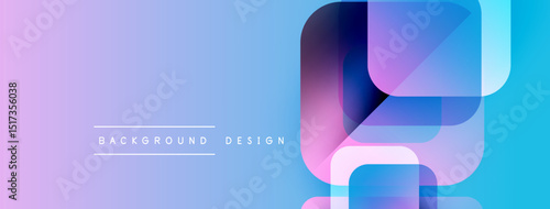 Abstract geometric shapes overlap, creating vibrant gradient background. Purple, blue hues dominate design, modern aesthetic.
