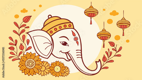 Festive Ganesha Vector Illustration A vibrant vector illustration capturing Lord Ganesha during a festival, surrounded by marigold flowers and traditional lamps against a golden background