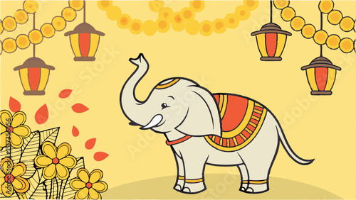 Festive Ganesha Vector Illustration A vibrant vector illustration capturing Lord Ganesha during a festival, surrounded by marigold flowers and traditional lamps against a golden background