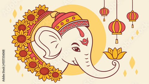 Festive Ganesha Vector Illustration A vibrant vector illustration capturing Lord Ganesha during a festival, surrounded by marigold flowers and traditional lamps against a golden background