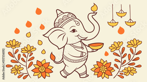 Festive Ganesha Vector Illustration A vibrant vector illustration capturing Lord Ganesha during a festival, surrounded by marigold flowers and traditional lamps against a golden background