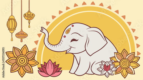 Festive Ganesha Vector Illustration A vibrant vector illustration capturing Lord Ganesha during a festival, surrounded by marigold flowers and traditional lamps against a golden background