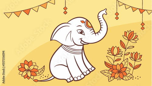 Festive Ganesha Vector Illustration A vibrant vector illustration capturing Lord Ganesha during a festival, surrounded by marigold flowers and traditional lamps against a golden background