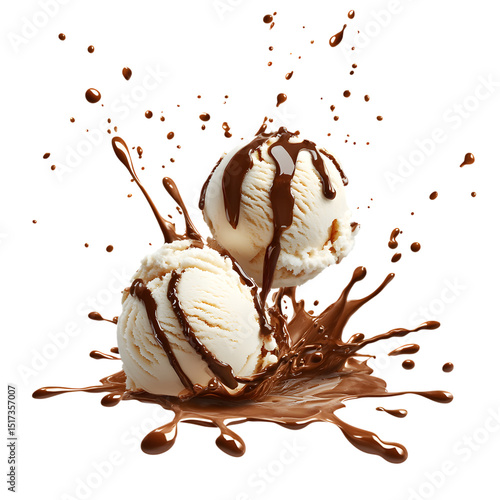 Two scoops vanilla ice cream with chocolate sauce splash isolated on transparent background
