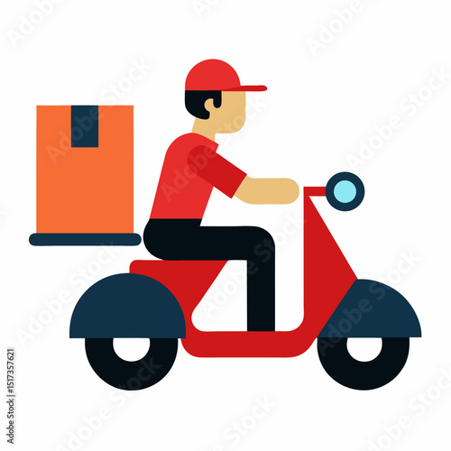 Vector illustration graphic icon of delivery guy with scooter package on white background