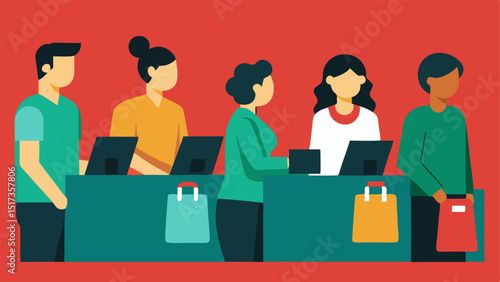 A checkout line at a busy register filled with shoppers each holding items with price tags visibly marked down.