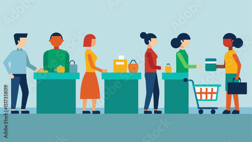 Checkout Line Chaos A long checkout line filled with customers showcasing a variety of items stacked high in their shopping carts while a cashier rings up purchases.