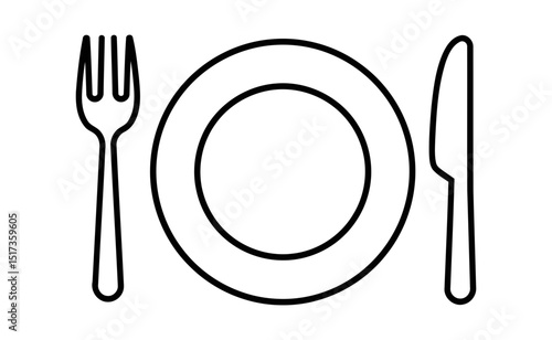 Simple Line Art Dinnerware: Plate, Fork, Knife Icon