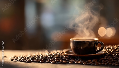 Freshly brewed coffee releases aromatic steam in a cozy cafe setting, surrounded by roasted coffee beans