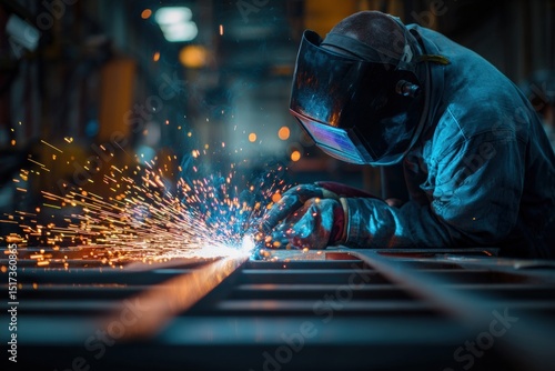 Plakat Welder using welding machine creating sparks while working on steel structure in industrial environment