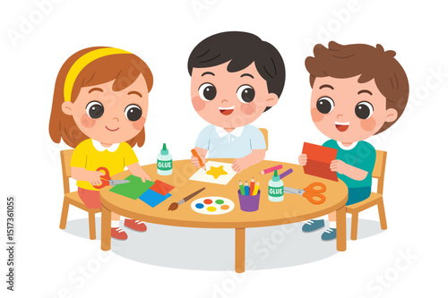 Preschool Kids Doing Creative Art Activities Together. Children Making Paper Crafts with Glue and Scissors. Art Class for Children with Colored Paper and Supplies.