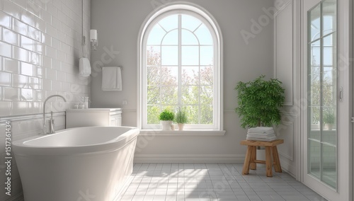 Light-filled, white bathroom with soaking tub and arched window