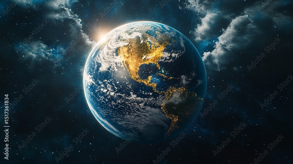 Fototapeta premium A breathtaking view of Earth from space glowing with city lights and shrouded in clouds with starry