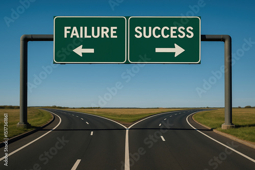 Fork junction traffic sign with crossroads spliting in two ways, choose Failure or Success road the correct way