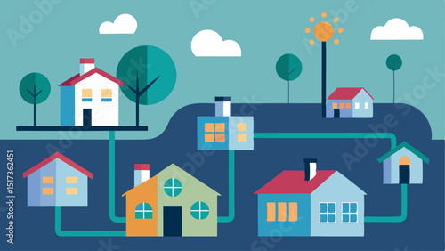 Community Energy Sharing A neighborhood depicted with homes connected to a smart grid where energy is being shared a houses showing some houses supplying energy while others