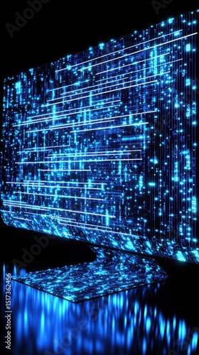 High tech digital matrix with glowing blue lines and data streams on dark background for futuristic technology and modern digital concept visualization