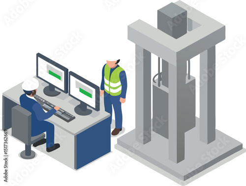 Engineers conduct a steel test using an industrial press machine, analyzing data for quality assurance and certification in a high-standard facility.