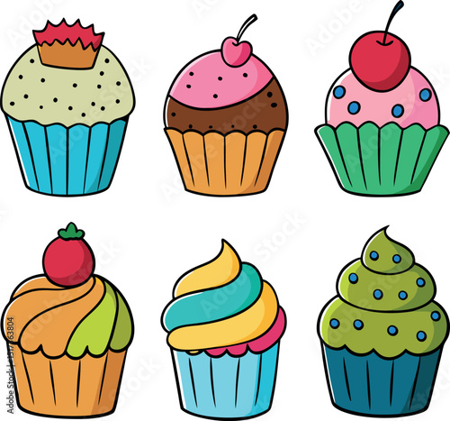Charming Six Cartoon Cupcakes in Hand Drawn Vector Art
