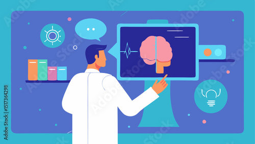 Hands of a Doctor and AI Assistant A doctor examining MRI scans on a screen alongside a floating holographic AI assistant providing suggestions and alerts.