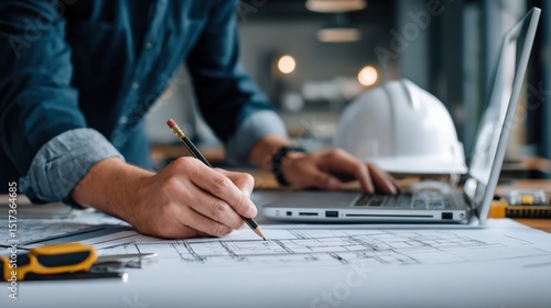 Architect drawing blueprints with a pencil and using laptop, with white helmet and tools on the table