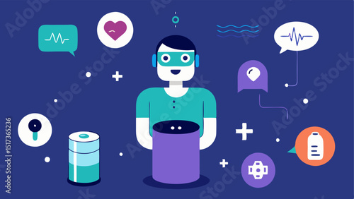 AI Analysis A patient speaking to a voiceactivated chatbot on a smart speaker surrounded by floating icons representing health metrics like temperature and pulse rate.