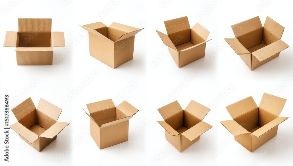 Fototapeta premium Nine cardboard boxes, various open configurations