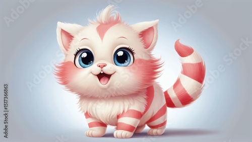 Adorable Pink and White Cartoon Kitten with Bright Blue Eyes, Cute pink and white cartoon kitten with expressive blue eyes, radiating cheerfulness and charm.