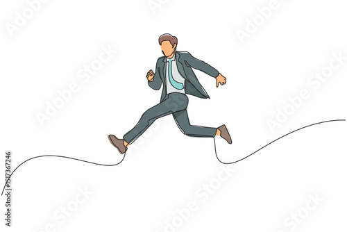 Single one line drawing businessman running fast with waving necktie. Late business person rushing in hurry to get on time. Successful man in suit run for work. Continuous line design vector graphic