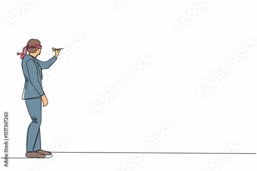 Single one line drawing confused businessman blindfold throwing dart. Unclear target or blind business vision, leadership failure or mistake aiming goal. Continuous line draw design graphic vector