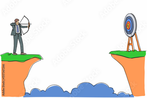 Single one line drawing businessman standing on cliff with archer in hand. Business target goals. Man forced to successful. Shooting target with bow, arrow. Continuous line draw design vector graphic