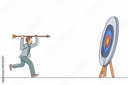 Single one line drawing positive ambitious businessman point big arrow on target. Goal achievement concept. Business purpose, goal, strategy success concept. Continuous line draw design graphic vector