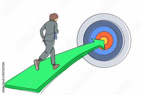 Single one line drawing businessman running on arrow to center of dartboard. Business Concept of targeting and customer. Company vision mission. Continuous line draw design graphic vector illustration