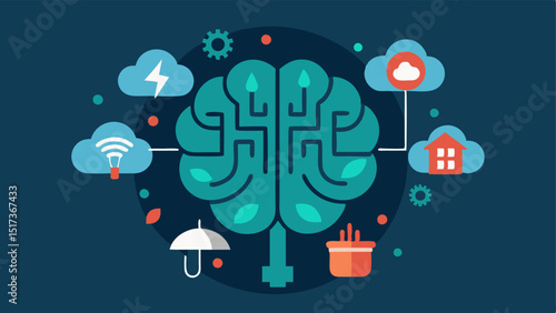 AI Brain Processing Depict an abstract representation of an AI brain with glowing circuits surrounded by icons of natural disasters such as floods earthquakes and hurricanes