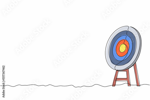 Single one line drawing archery target ring without arrows hitting bullseye. Dartboard on tripod. Goal achieving concept. Business success strategy symbol. Continuous line draw design graphic vector