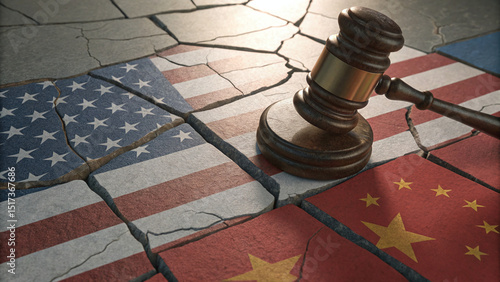 Legal gavel frozen mid-air above a cracked surface of interlocking flag tiles - for fragile geopolitical balance and judgment