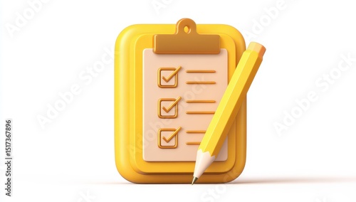 3D yellow clipboard with checklist and pencil