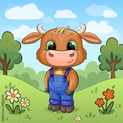 Cute Cartoon Bull in Nature. Vector illustration of an animal with red and white flowers, grass and trees.