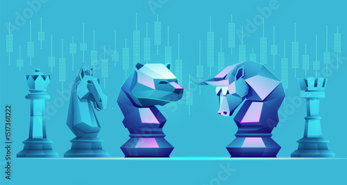 concept of stock market business strategy, graphic of bull chess piece and bear chess piece with stock market element