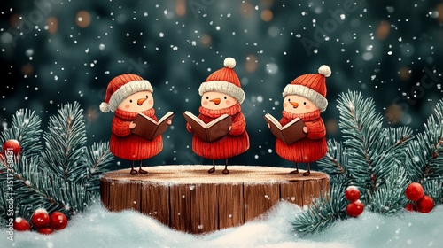 Festive Snowmen Sing Joyful Carols in Winter Wonderland Scene