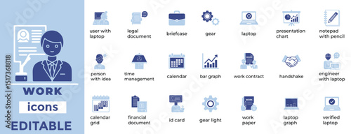Clean, editable icons illustrating modern work, business, and office concepts for digital and corporate use.
