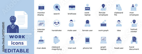 Clean, editable icons illustrating modern work, business, and office concepts for digital and corporate use.