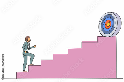 Single continuous line drawing businesswoman holding arrow running up stairway to high target. Business concept growth, path to success. Career path. One line draw graphic design vector illustration