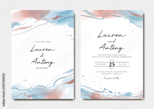 Abstract watercolor wedding invitation template with blue and red splatter