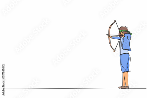 Single one line drawing blindfolded businesswoman shooting arrow. Missed the target. Businesswoman trying to shoot target with blindfold. Modern continuous line draw design graphic vector illustration