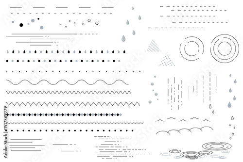 雨をイメージしたシンプルな飾り罫線・ラインのイラストセット（波線、波模様、点線）