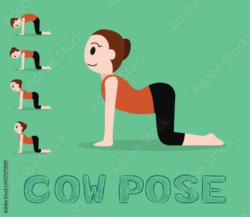 Yoga Tutorial Cow Pose Pranayama Cute Cartoon Vector Illustration